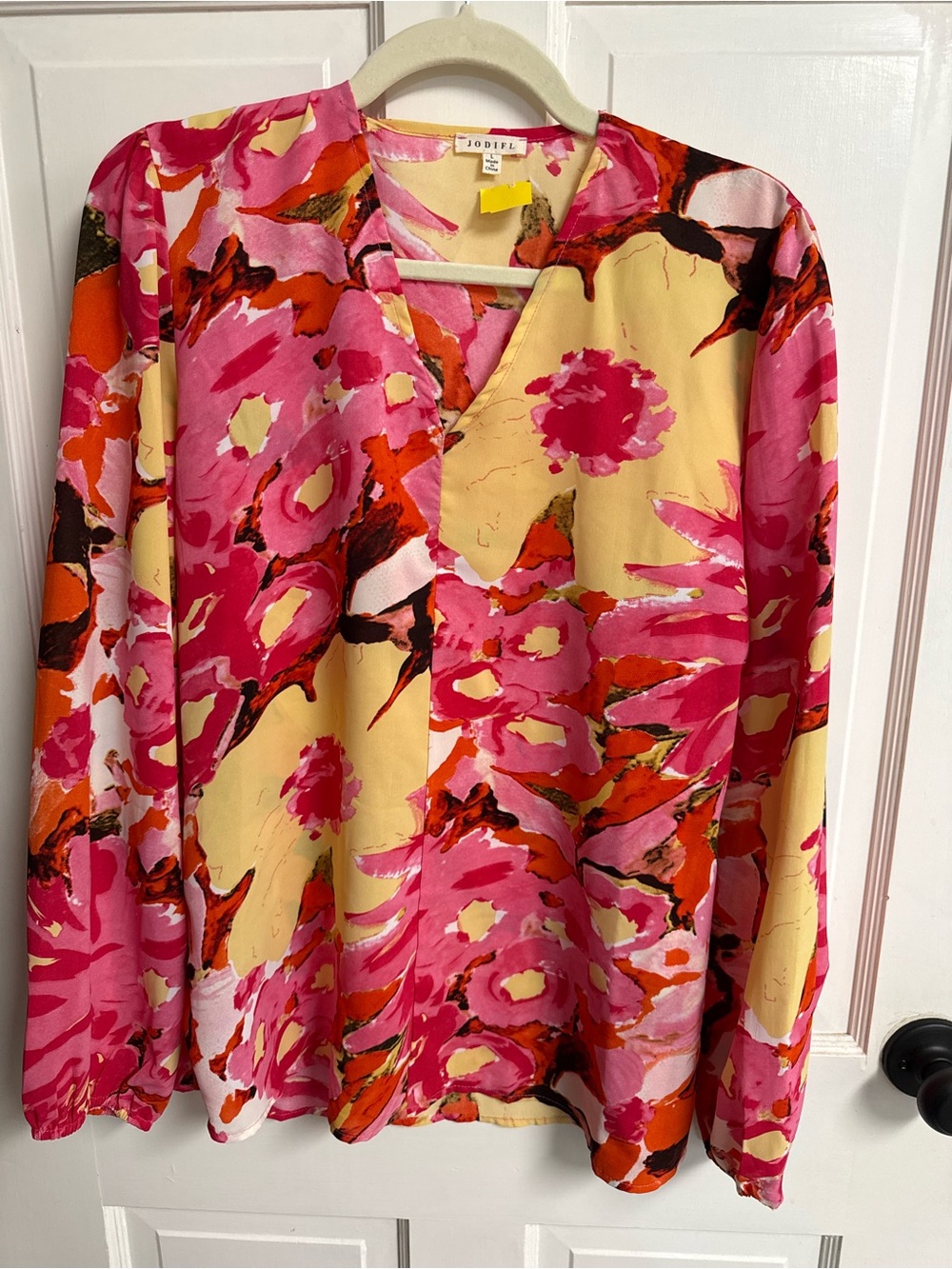 JODIFL Pink, Yellow & Orange Abstract Floral V-Neck Long Sleeve Top size L